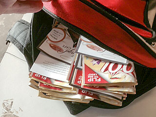 Pamphlet stock in walker's back-pack ready to be delivered